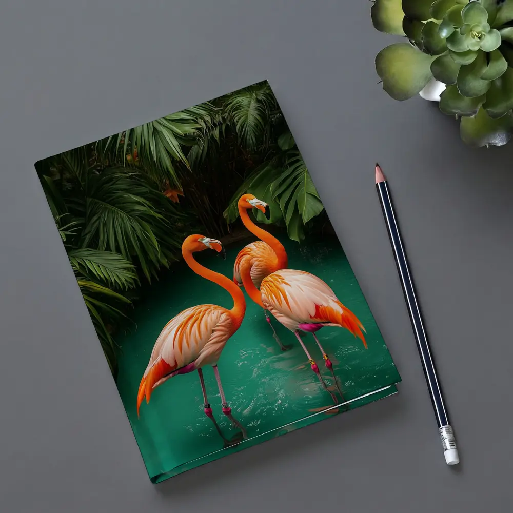 Two Flamingos Standing Tropical Green Water – Notebooks