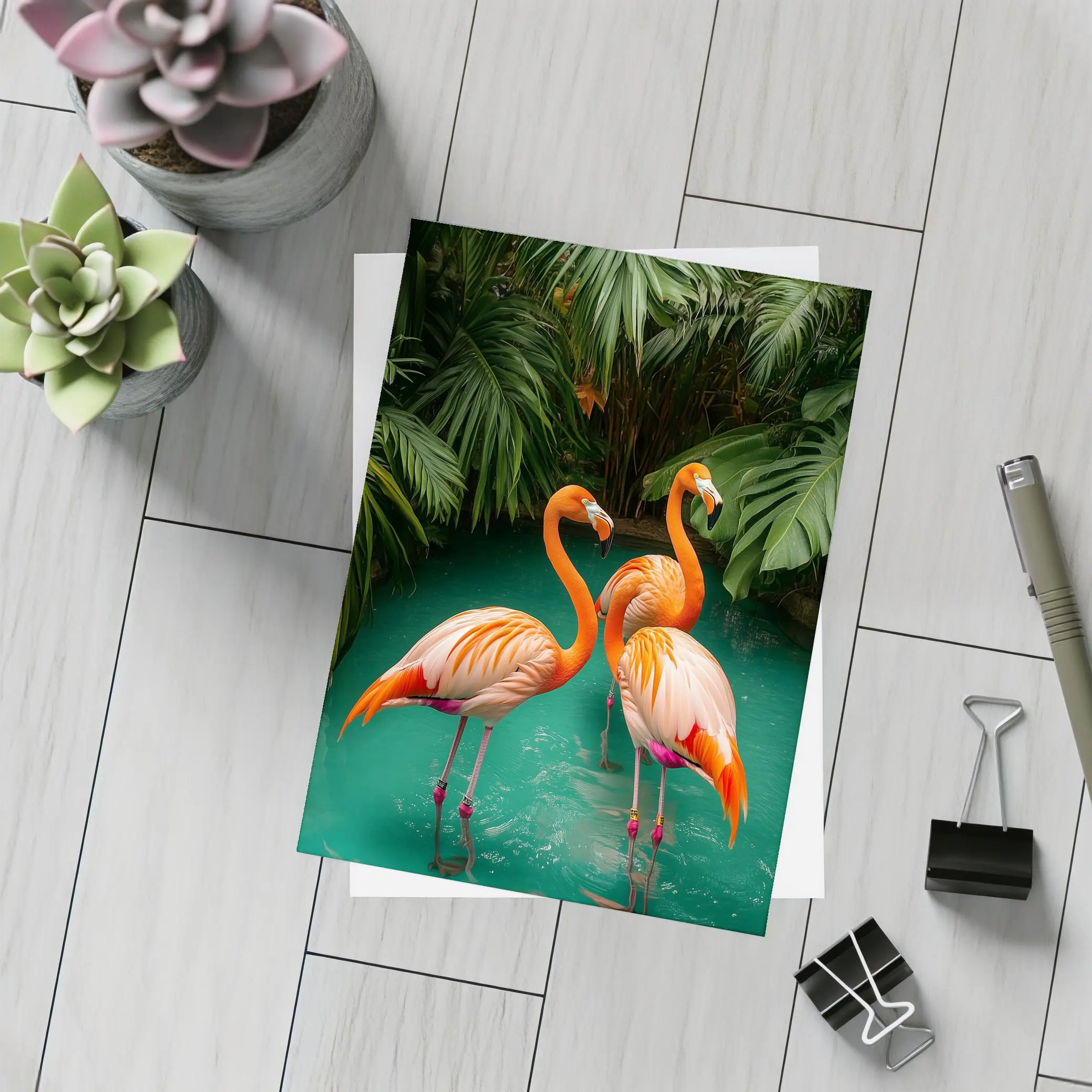 Two Flamingos Standing Tropical Green Water – Postcards