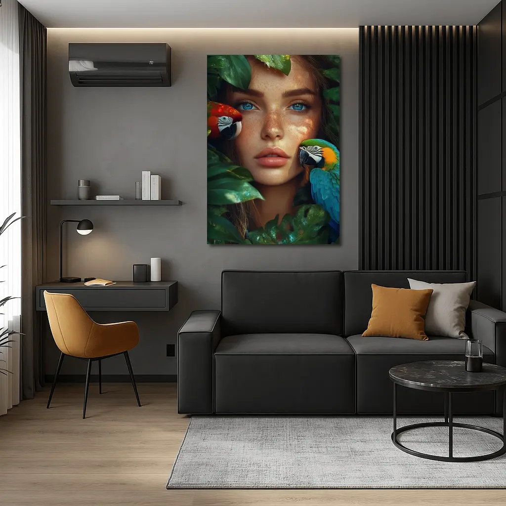 Woman With Parrots Surrounded By Tropical Leaves – Wall Art