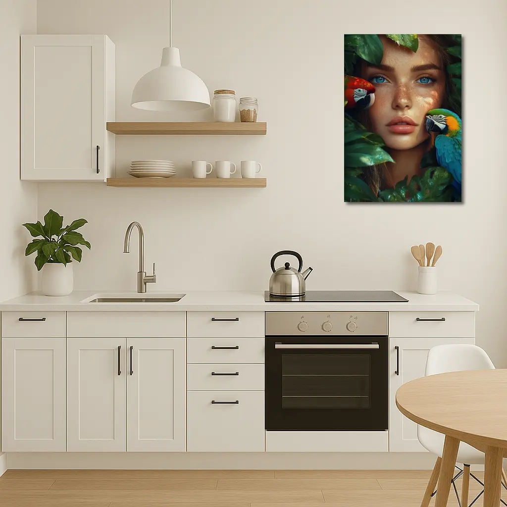 Woman With Parrots Surrounded By Tropical Leaves – Wall Art