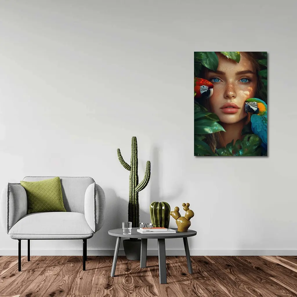 Woman With Parrots Surrounded By Tropical Leaves – Wall Art