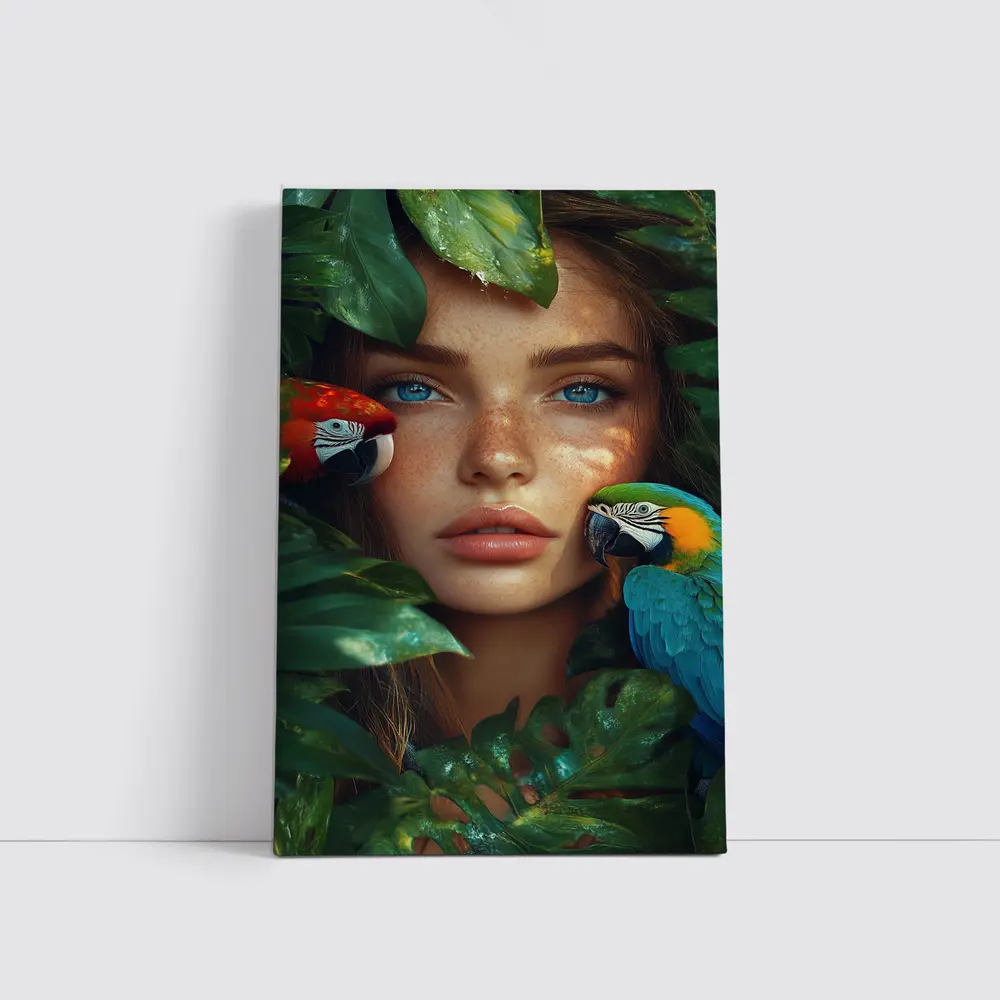 Woman With Parrots Surrounded By Tropical Leaves – Wall Art