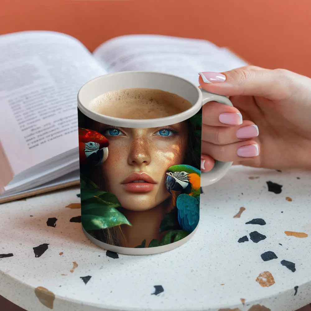 Woman With Parrots Surrounded By Tropical Leaves – Mugs