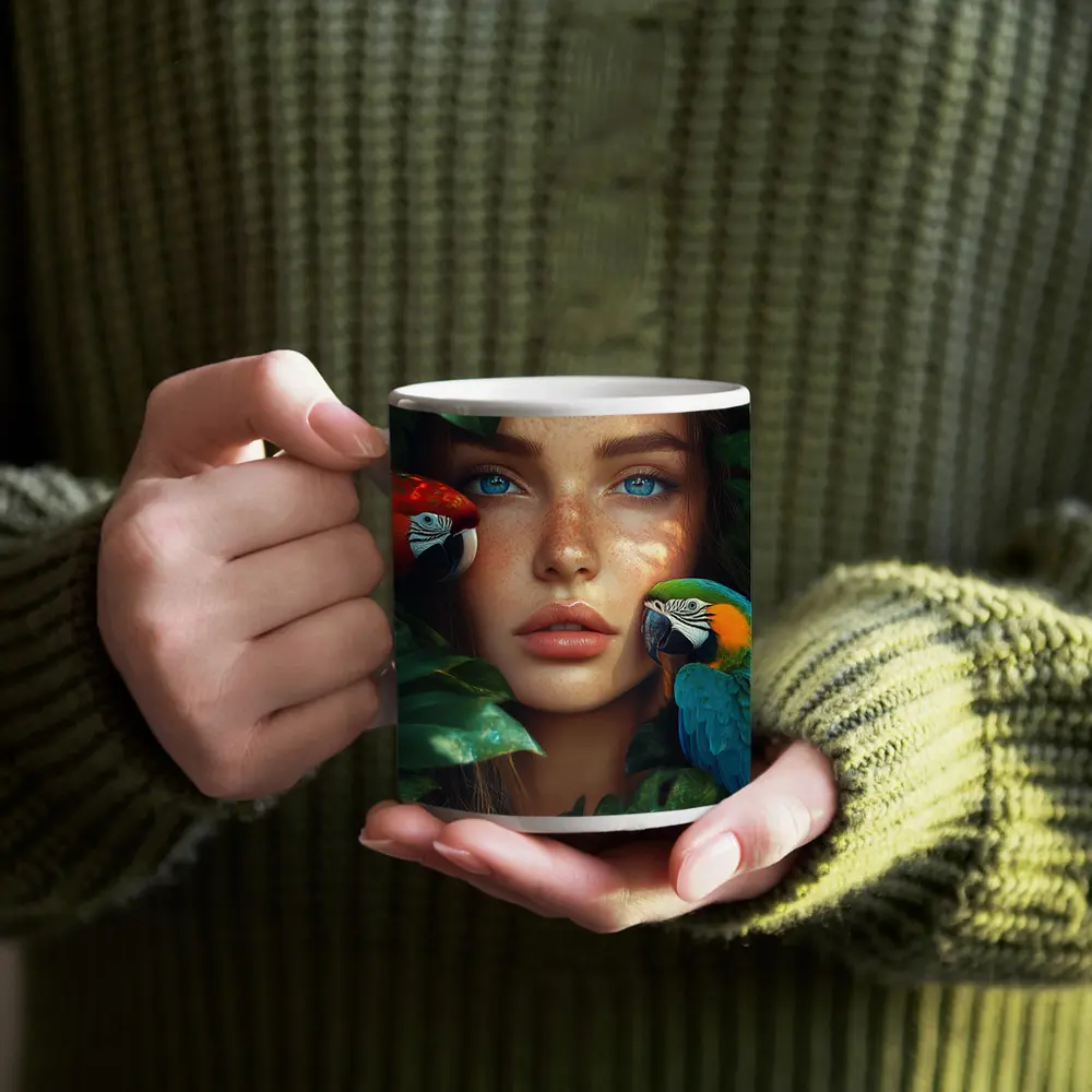 Woman With Parrots Surrounded By Tropical Leaves – Mugs