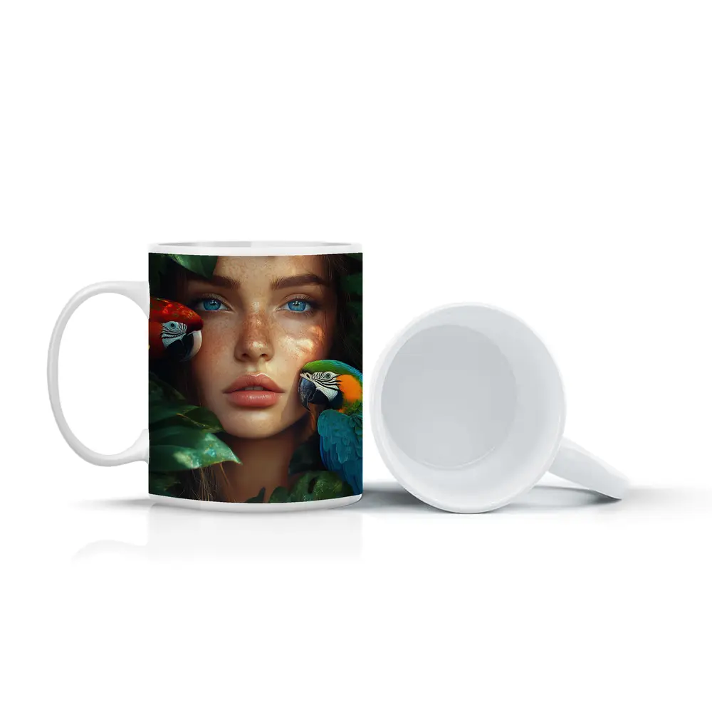 Woman With Parrots Surrounded By Tropical Leaves – Mugs