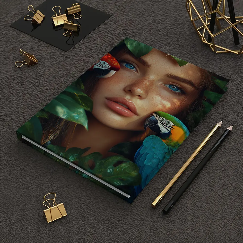 Woman With Parrots Surrounded By Tropical Leaves – Notebooks