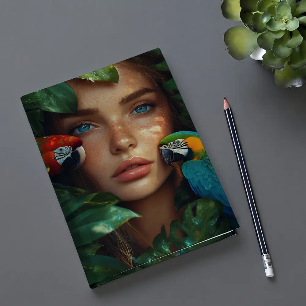 Woman With Parrots Surrounded By Tropical Leaves – Notebooks