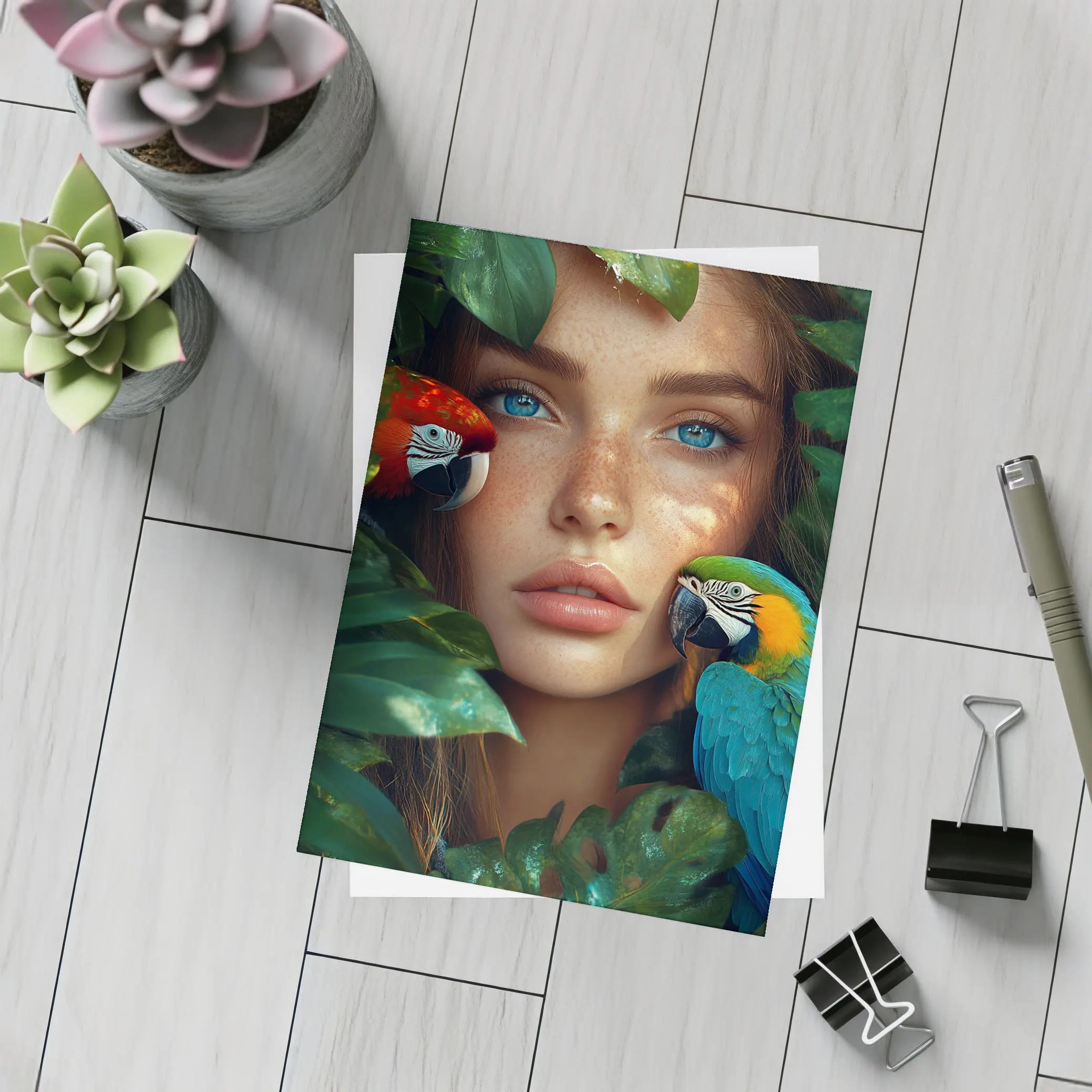 Woman With Parrots Surrounded By Tropical Leaves – Postcards