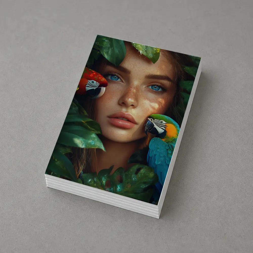 Woman With Parrots Surrounded By Tropical Leaves – Postcards