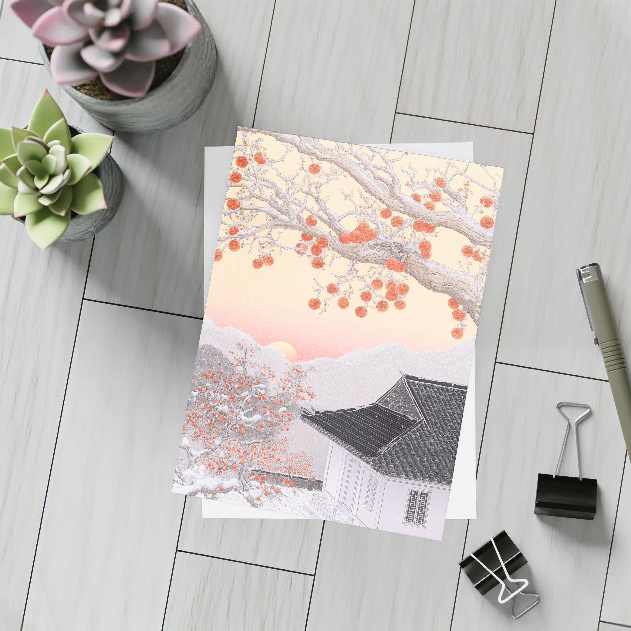 Japanese Winter Snow Scene Persimmon Tree – Postcards