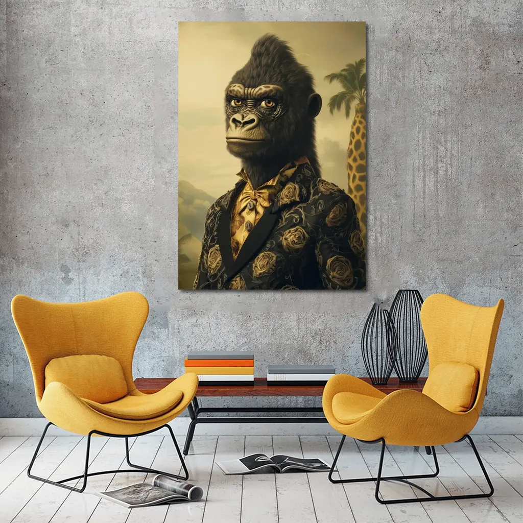 Gorilla Portrait Wearing Suit Tropical Background – Wall Art