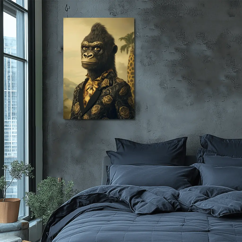 Gorilla Portrait Wearing Suit Tropical Background – Wall Art
