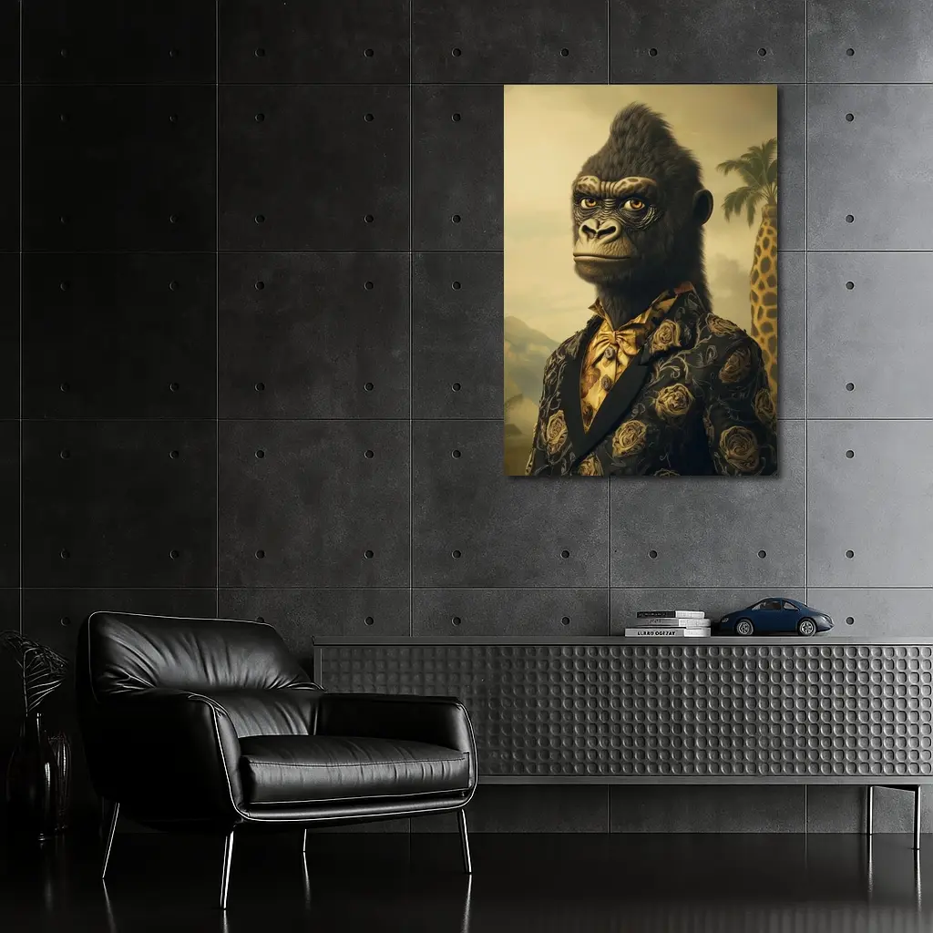 Gorilla Portrait Wearing Suit Tropical Background – Wall Art