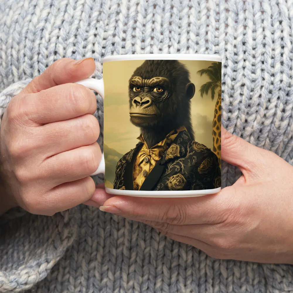 Gorilla Portrait Wearing Suit Tropical Background – Mugs