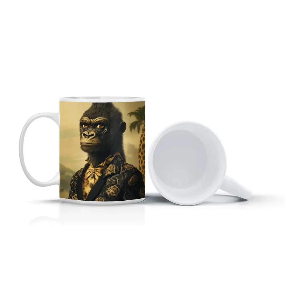 Gorilla Portrait Wearing Suit Tropical Background – Mugs