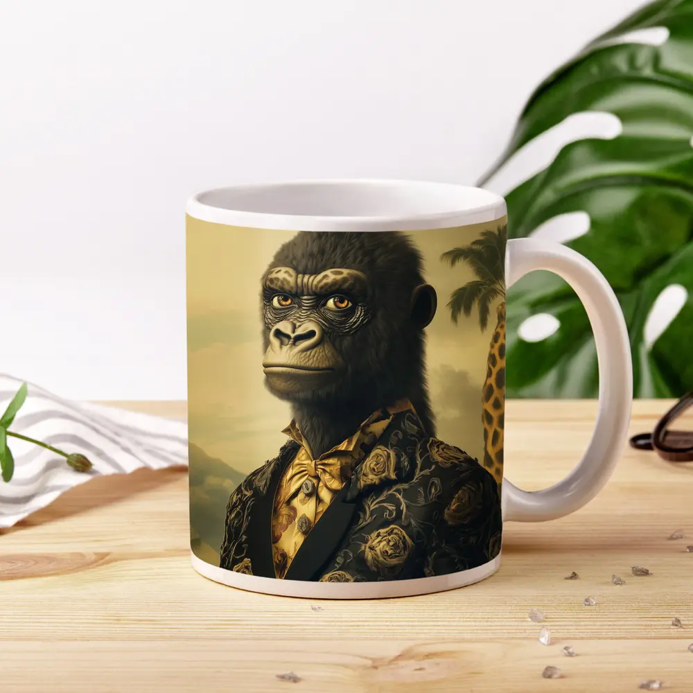 Gorilla Portrait Wearing Suit Tropical Background – Mugs