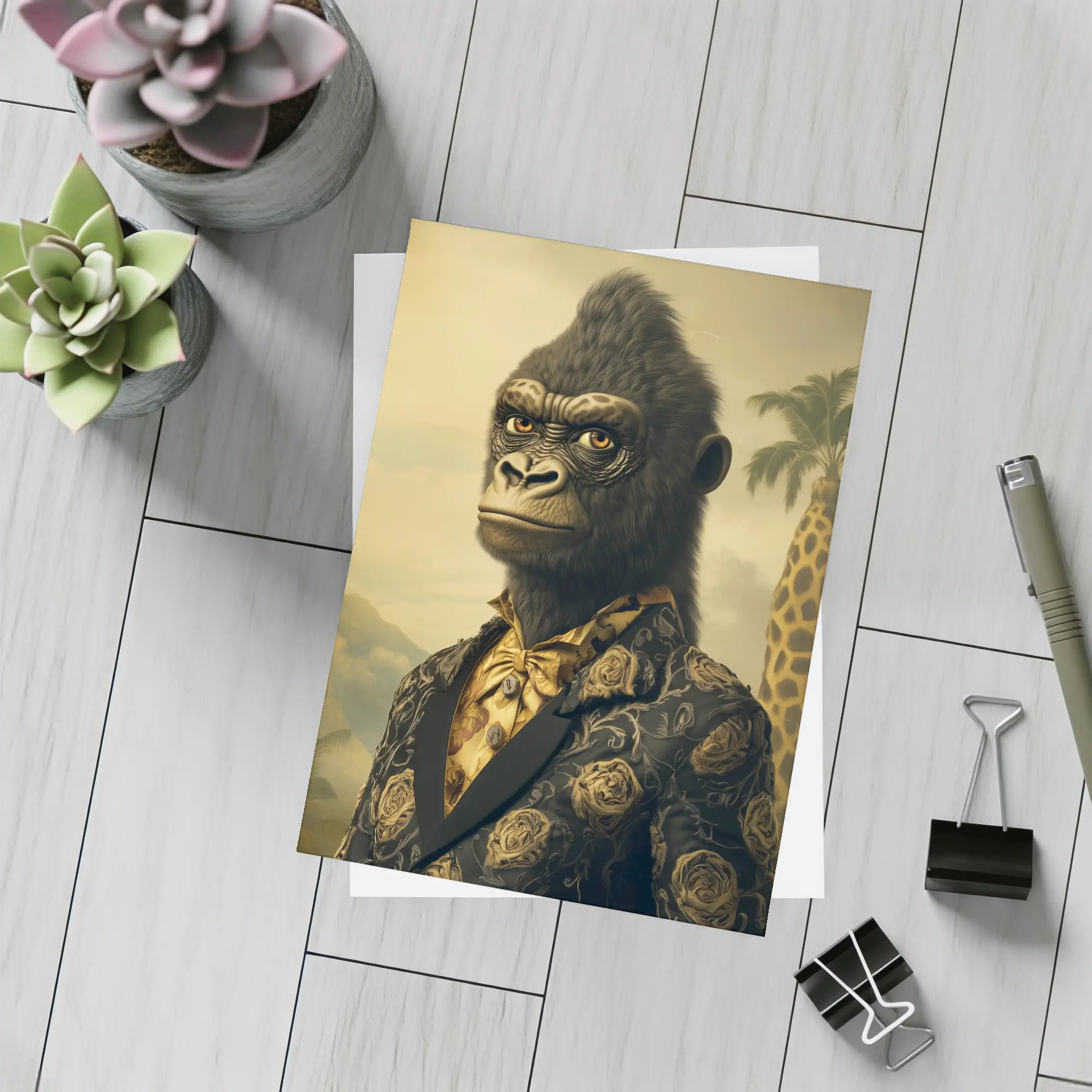 Gorilla Portrait Wearing Suit Tropical Background – Postcards