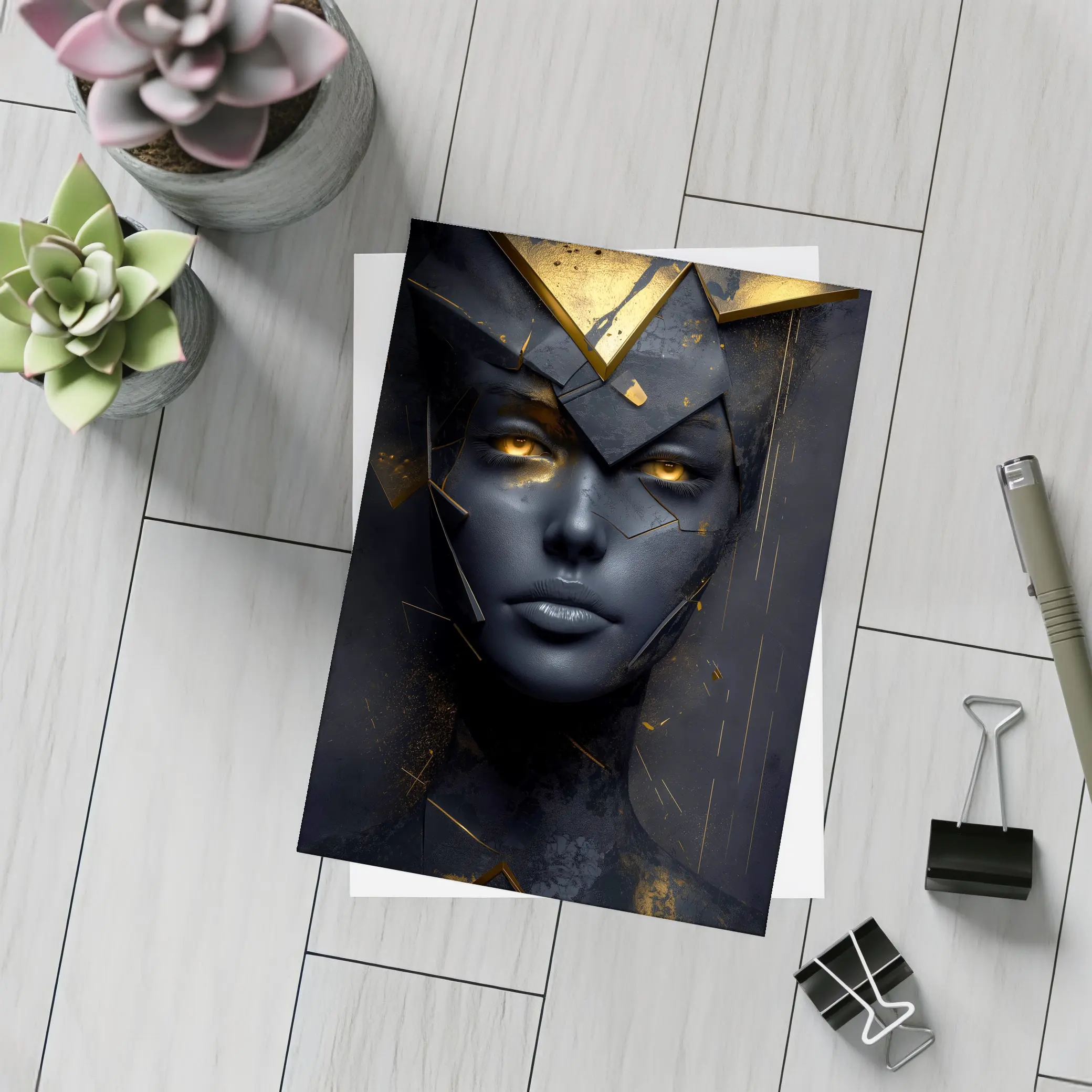 Dark Queen Gold Crown Abstract Black Portrait – Postcards