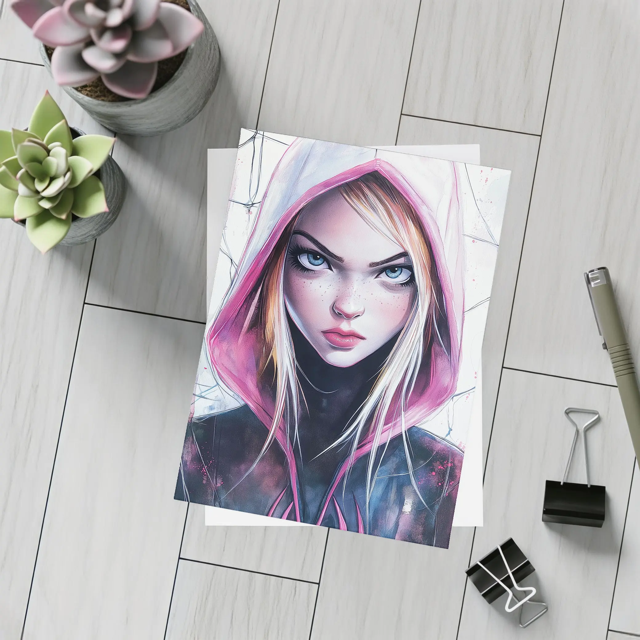 Spider Gwen Watercolor Art White Hood – Postcards
