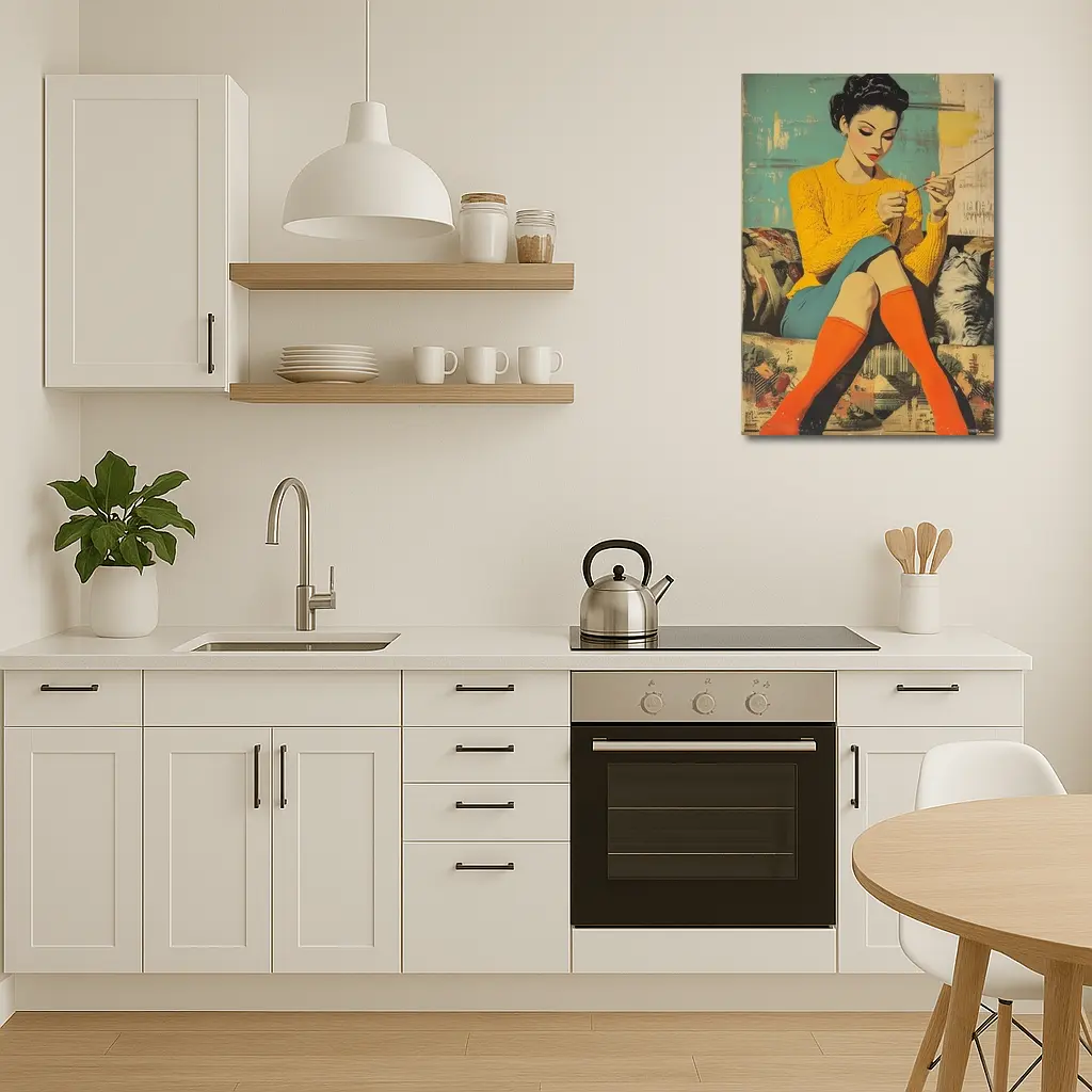 Retro Woman Knitting With Cat Pop Art – Wall Art