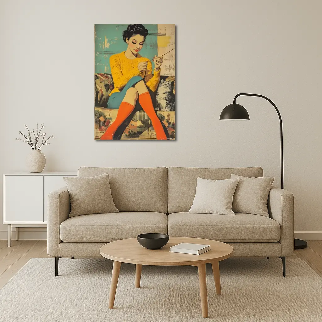Retro Woman Knitting With Cat Pop Art – Wall Art