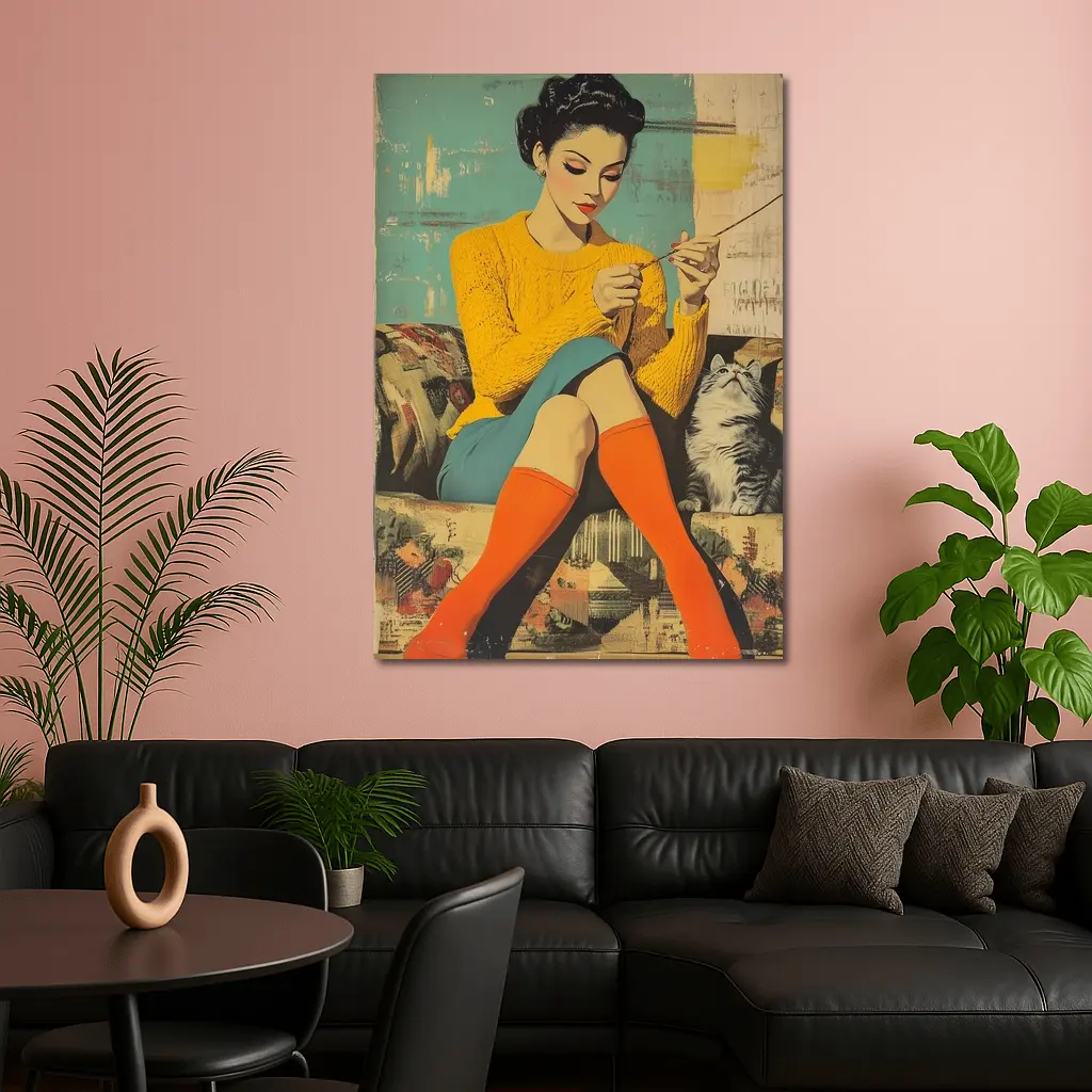 Retro Woman Knitting With Cat Pop Art – Wall Art