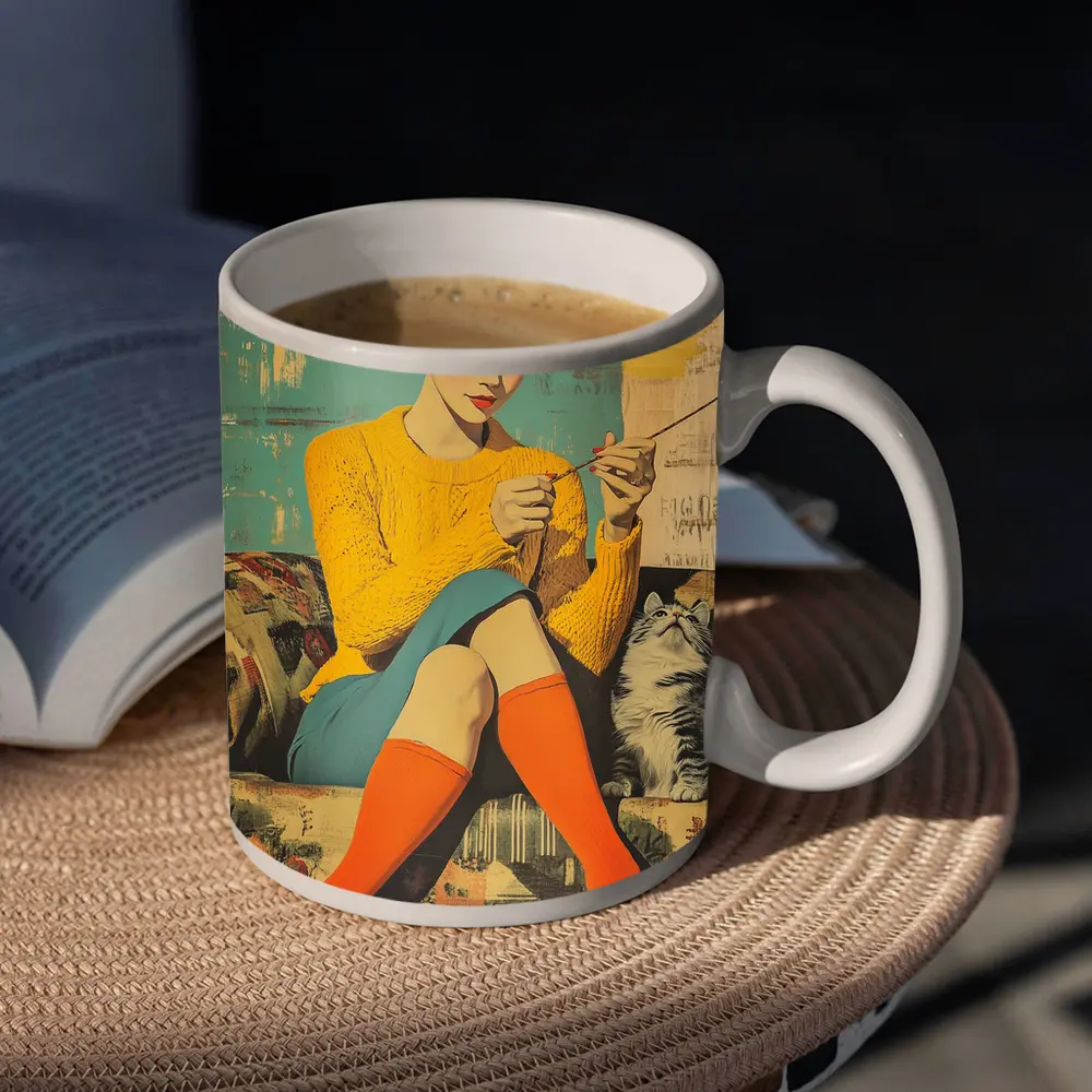 Retro Woman Knitting With Cat Pop Art – Mugs