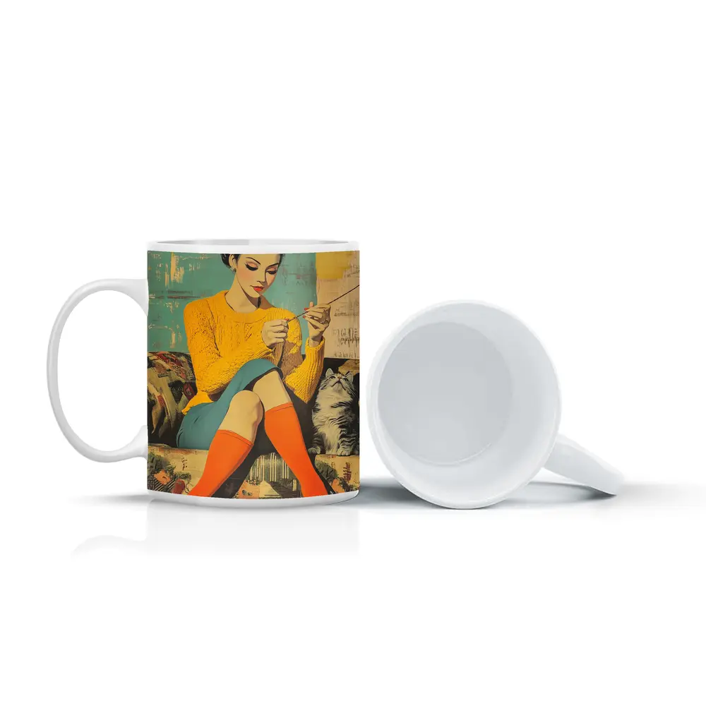 Retro Woman Knitting With Cat Pop Art – Mugs