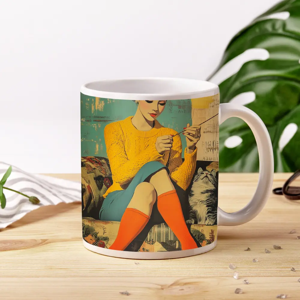 Retro Woman Knitting With Cat Pop Art – Mugs