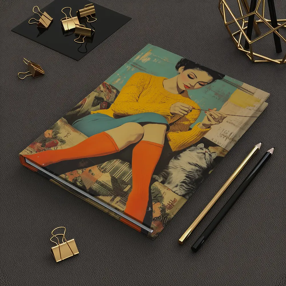 Retro Woman Knitting With Cat Pop Art – Notebooks