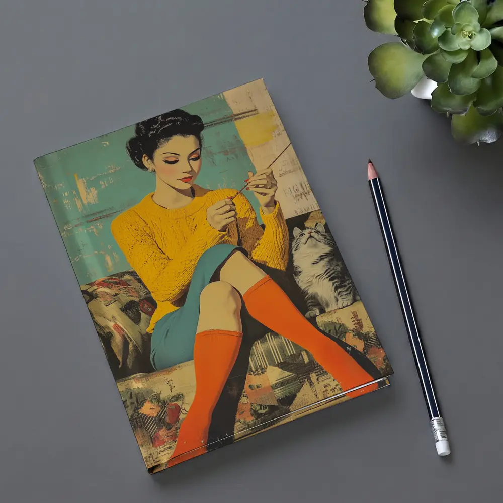 Retro Woman Knitting With Cat Pop Art – Notebooks