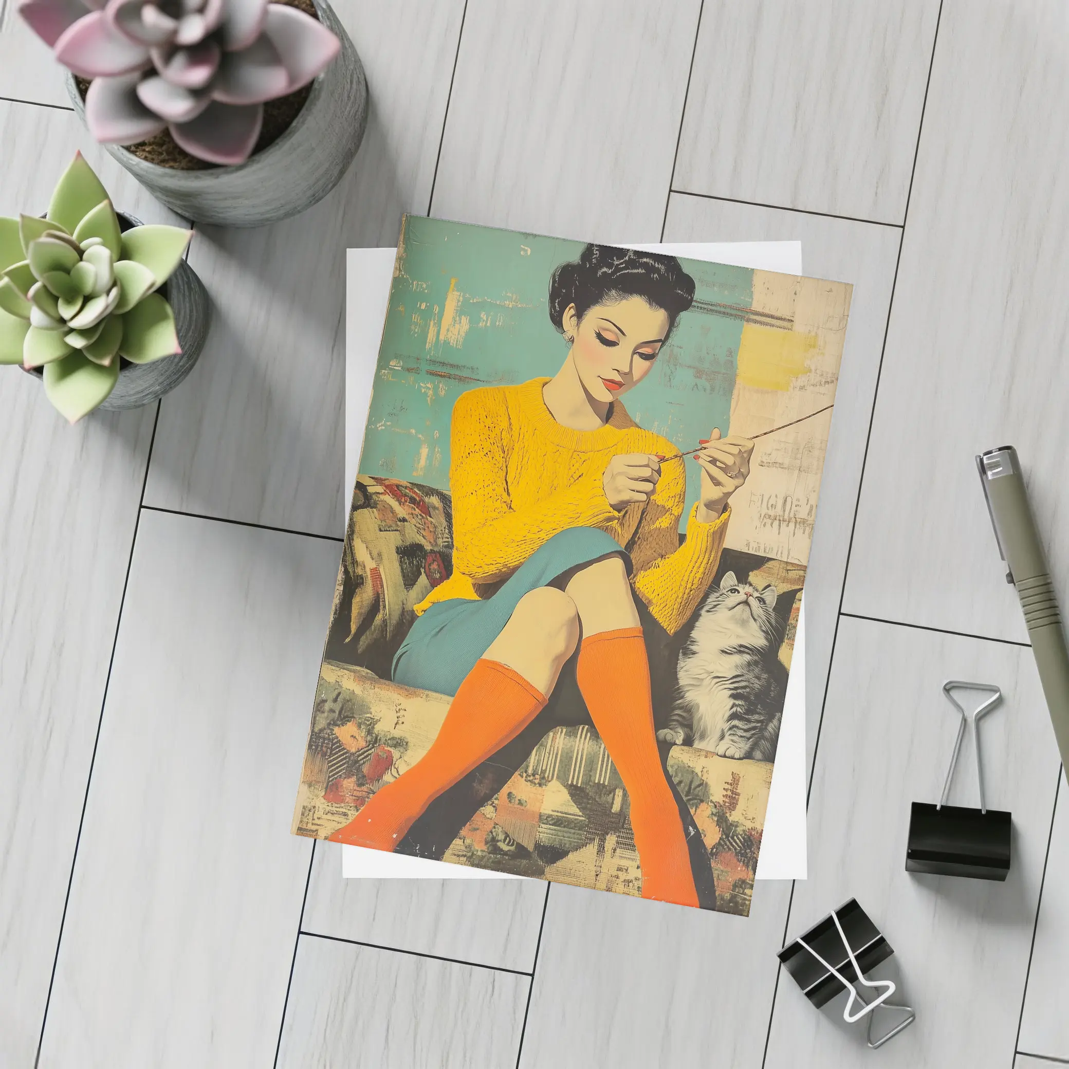 Retro Woman Knitting With Cat Pop Art – Postcards
