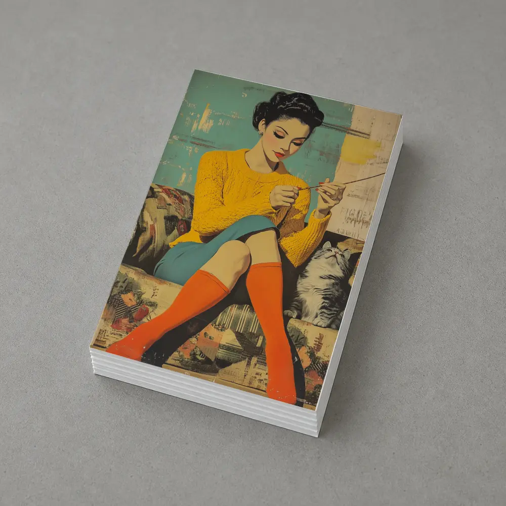 Retro Woman Knitting With Cat Pop Art – Postcards