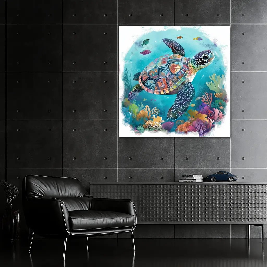 Sea Turtle Swimming Colorful Coral Reef Illustration – Wall Art