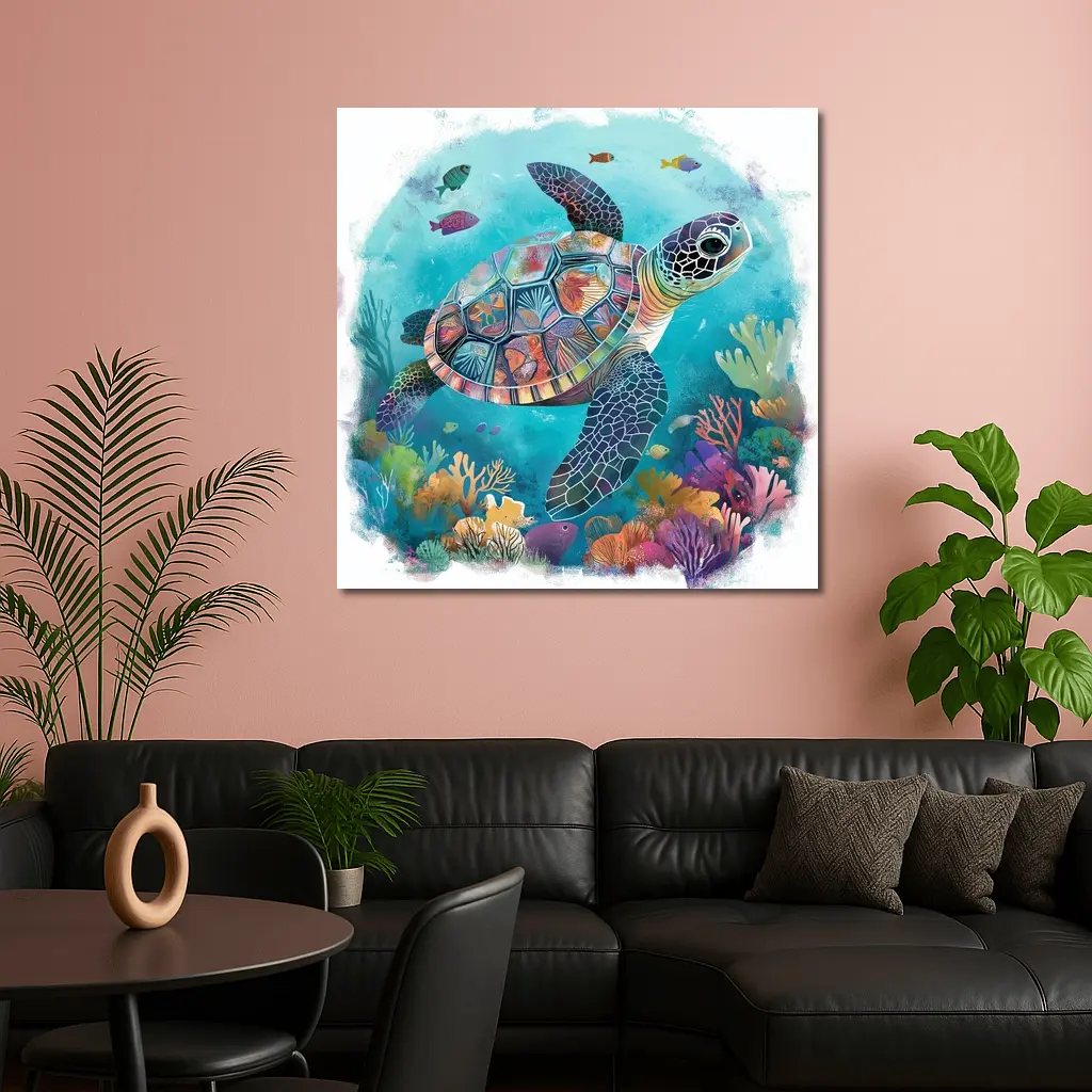 Sea Turtle Swimming Colorful Coral Reef Illustration – Wall Art