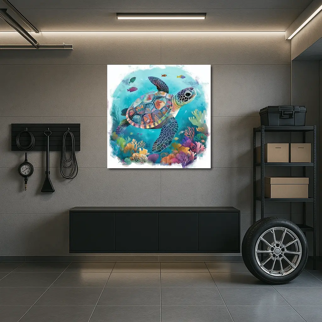 Sea Turtle Swimming Colorful Coral Reef Illustration – Wall Art