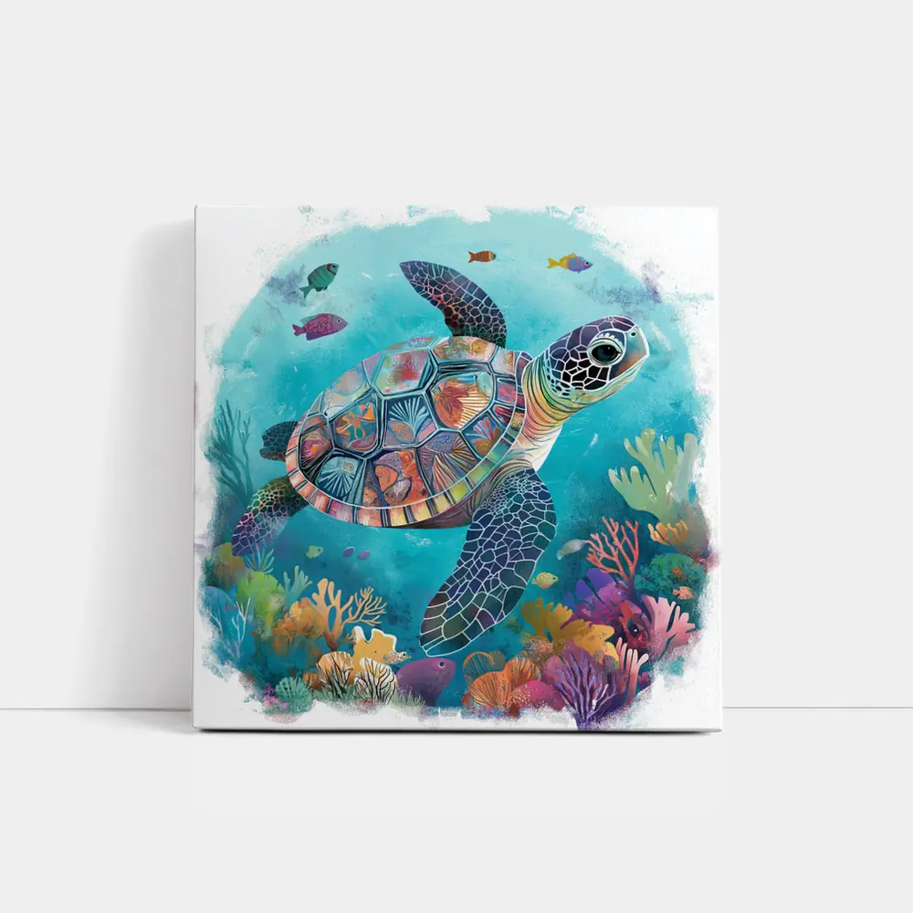 Sea Turtle Swimming Colorful Coral Reef Illustration – Wall Art
