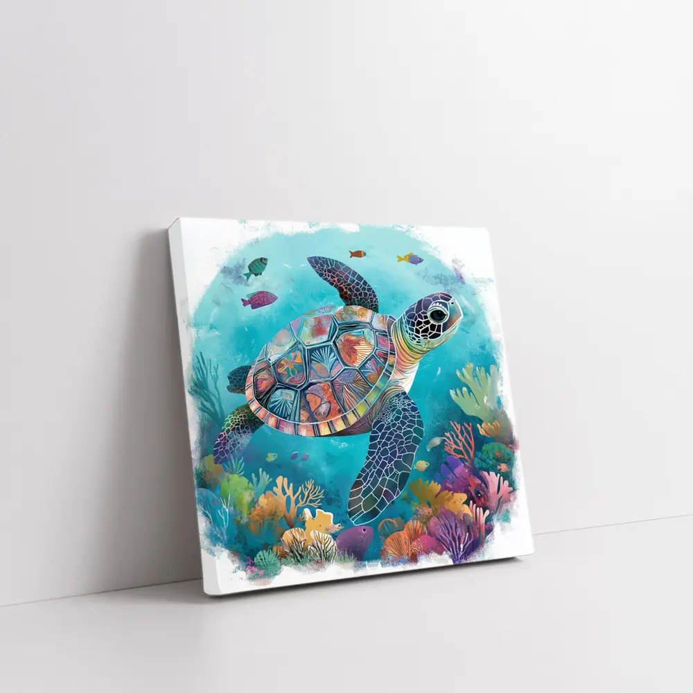Sea Turtle Swimming Colorful Coral Reef Illustration – Wall Art