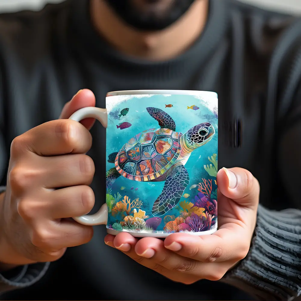 Sea Turtle Swimming Colorful Coral Reef Illustration – Mugs