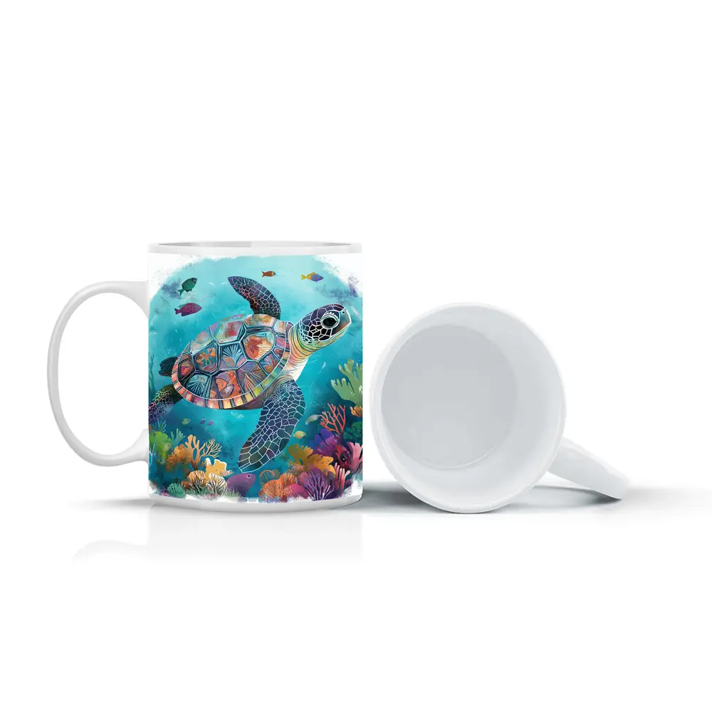 Sea Turtle Swimming Colorful Coral Reef Illustration – Mugs