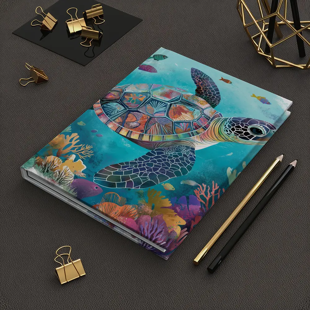 Sea Turtle Swimming Colorful Coral Reef Illustration – Notebooks