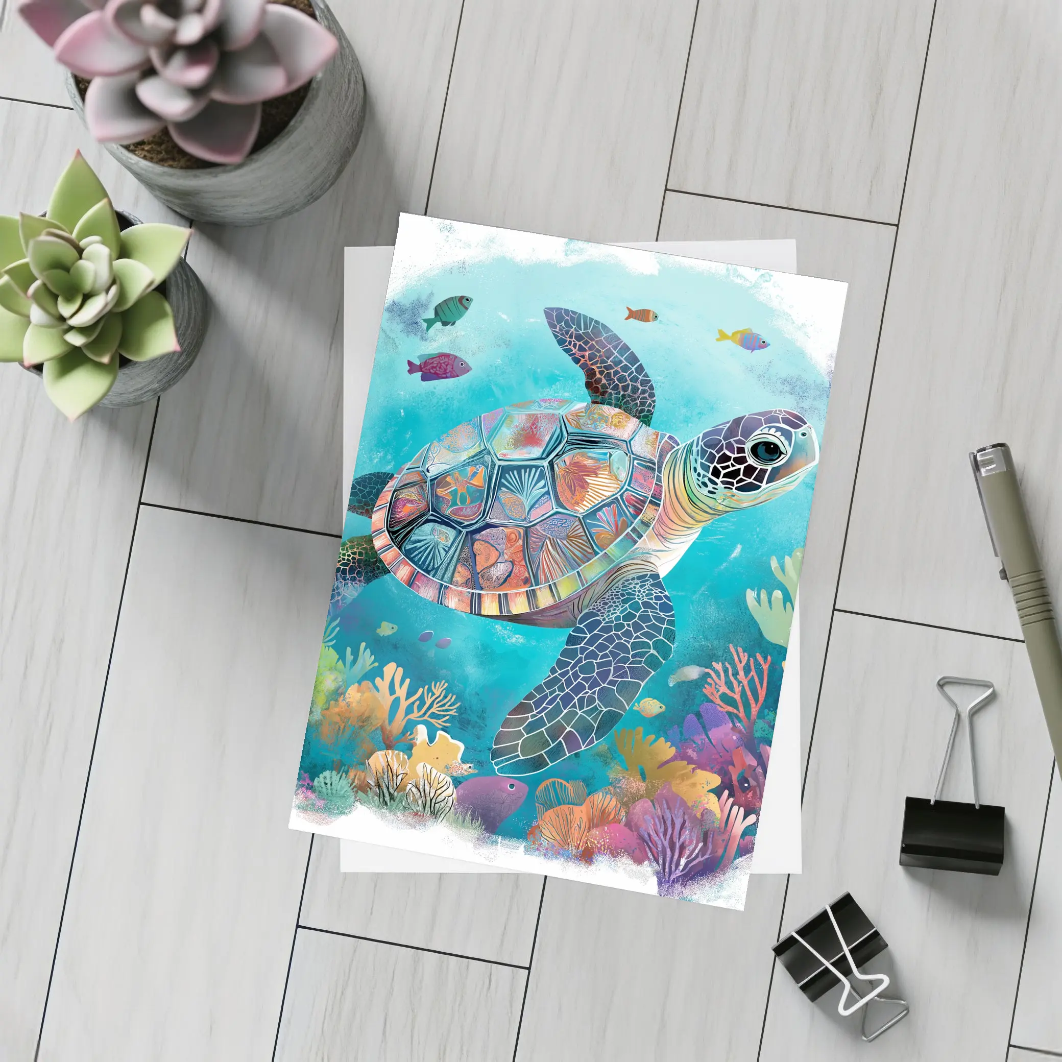 Sea Turtle Swimming Colorful Coral Reef Illustration – Postcards