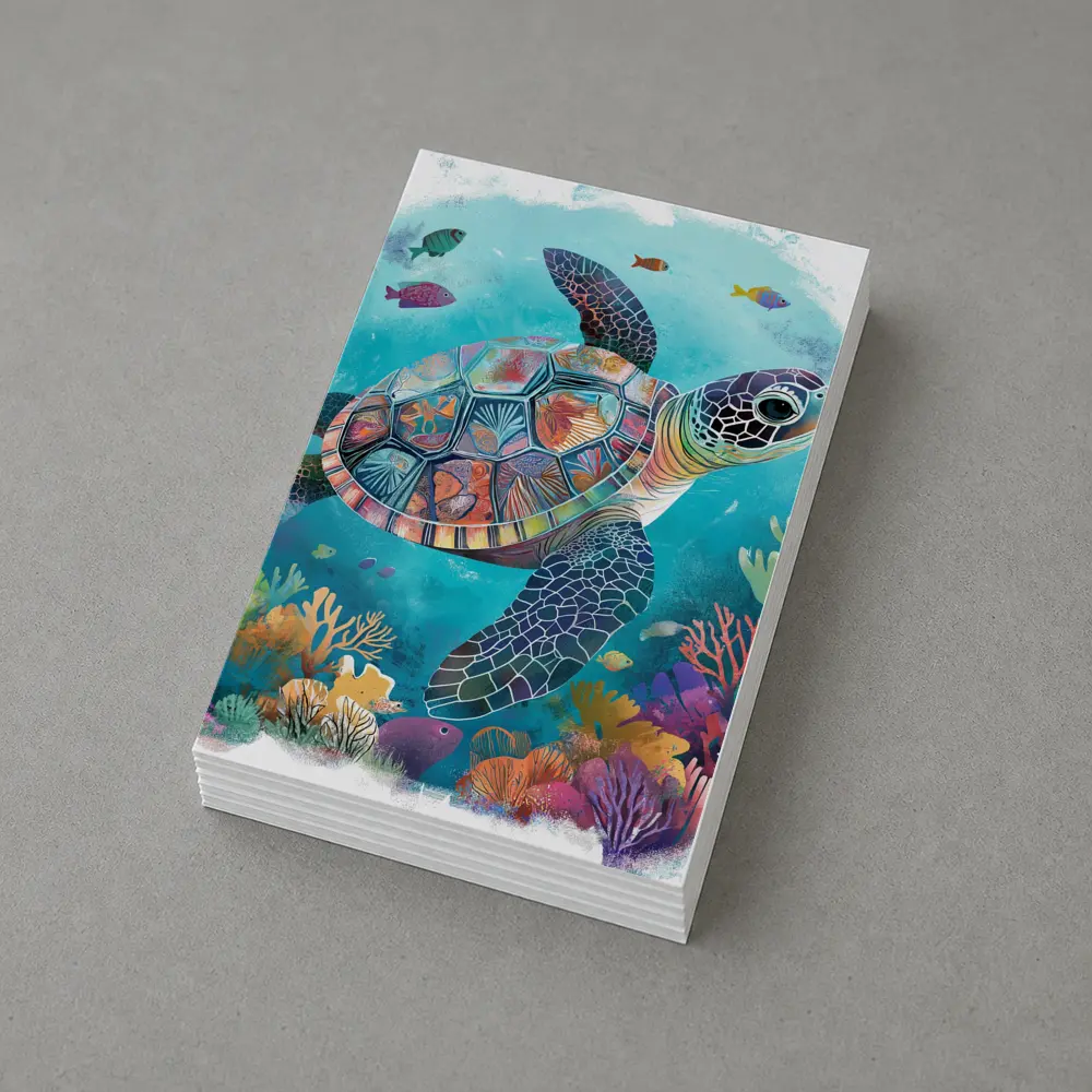 Sea Turtle Swimming Colorful Coral Reef Illustration – Postcards