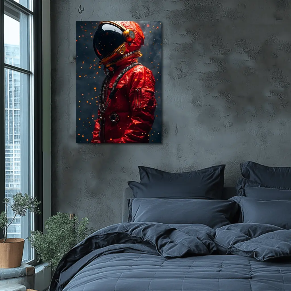 Red Astronaut Suit Dark Space Background – Wall Art