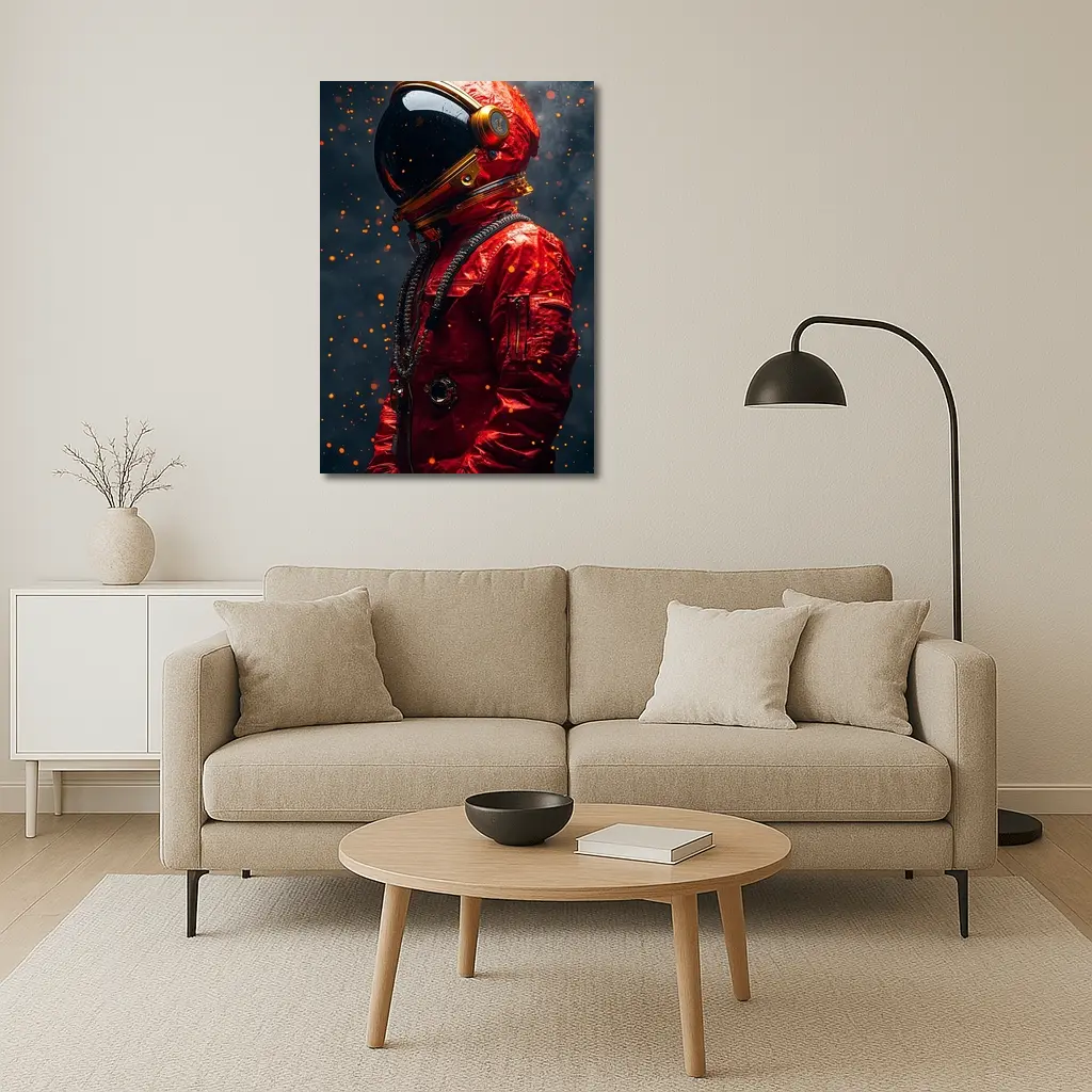 Red Astronaut Suit Dark Space Background – Wall Art