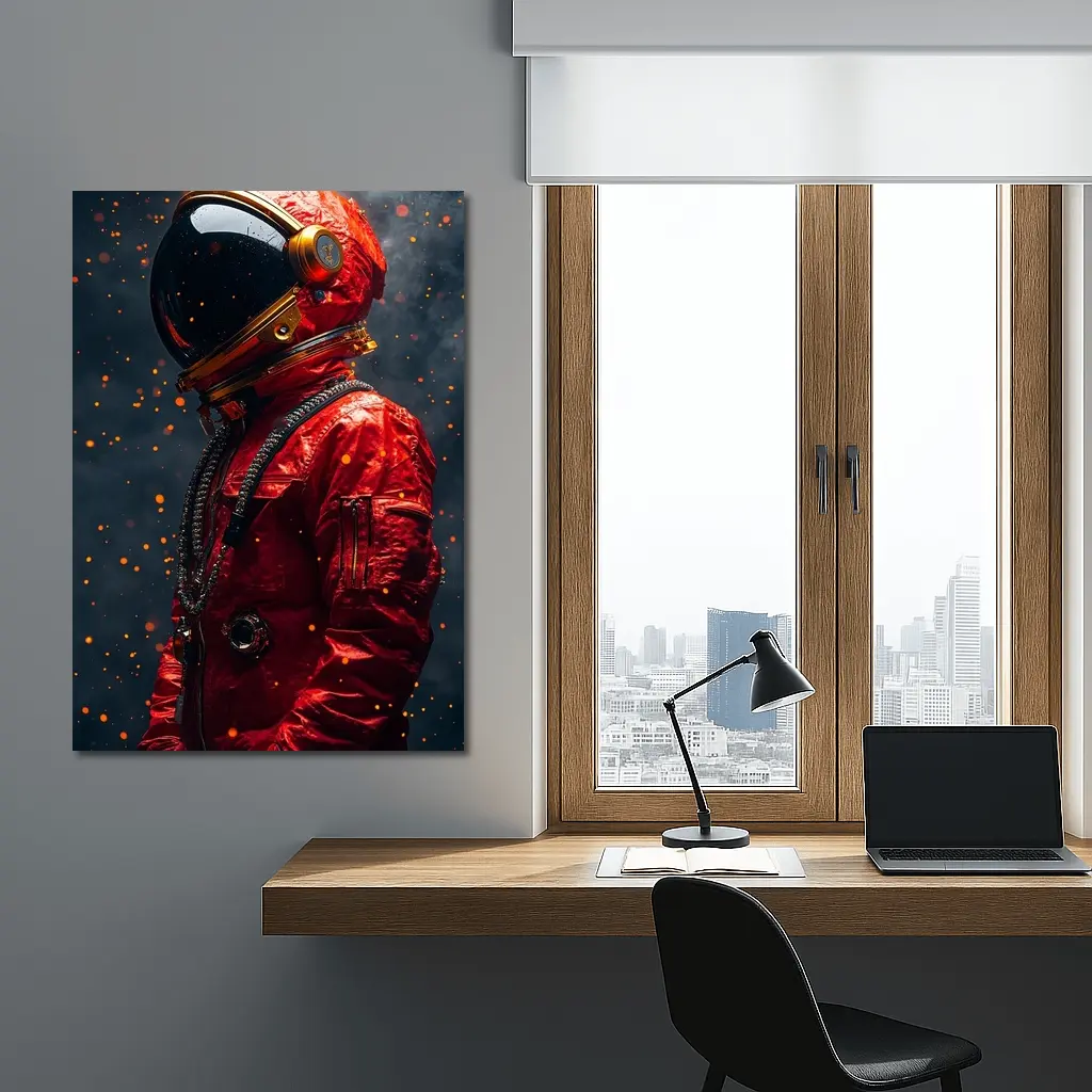 Red Astronaut Suit Dark Space Background – Wall Art
