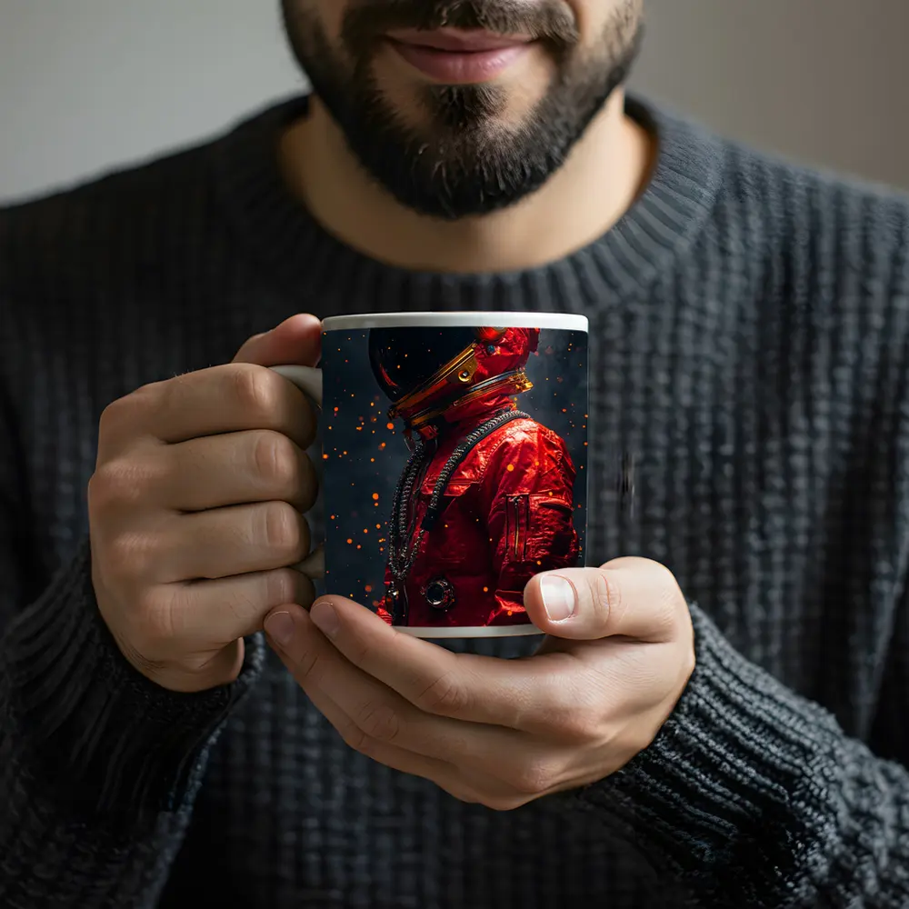 Red Astronaut Suit Dark Space Background – Mugs