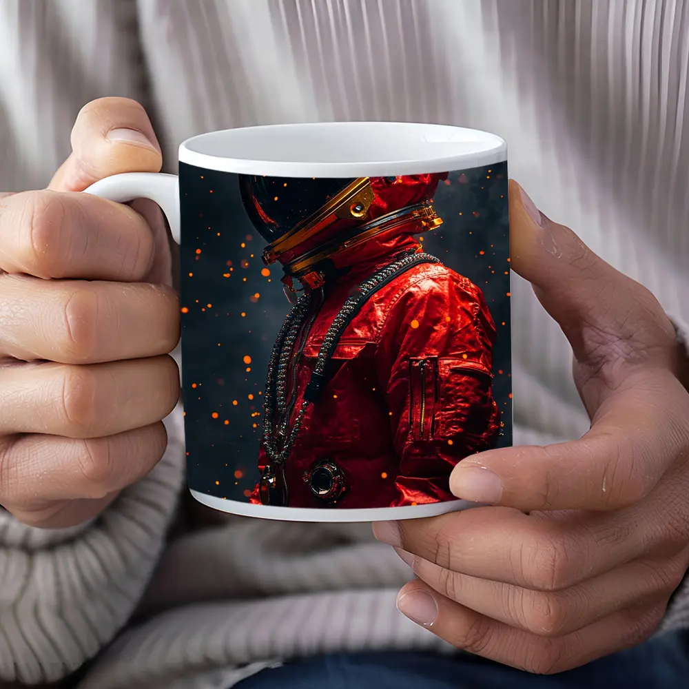Red Astronaut Suit Dark Space Background – Mugs