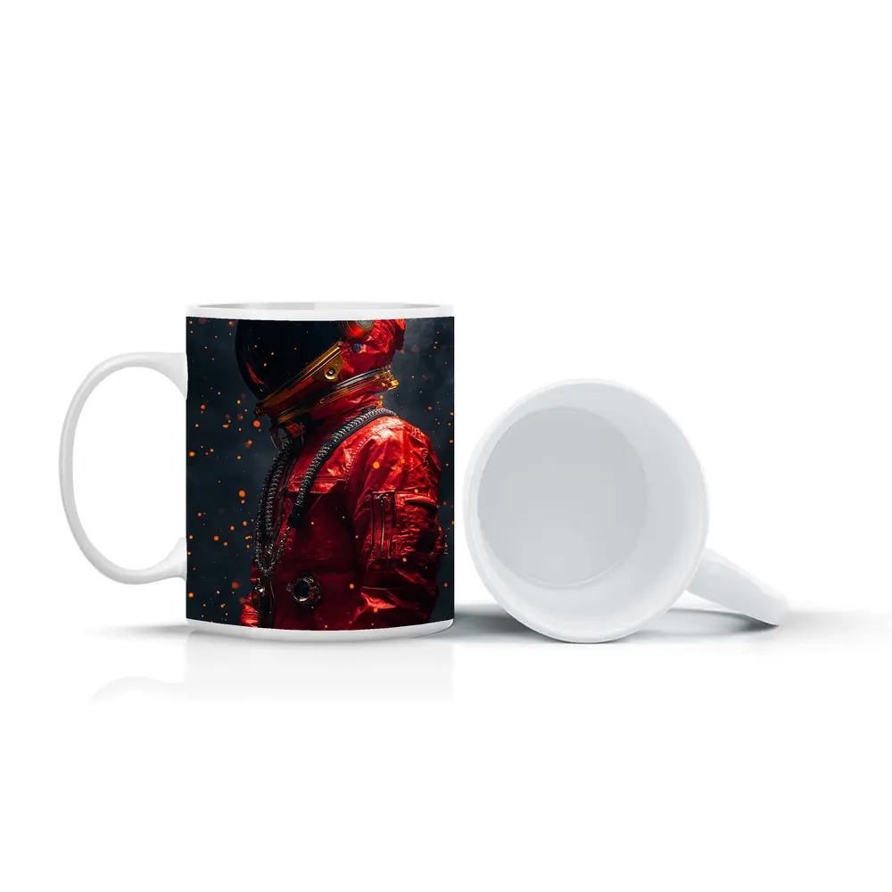 Red Astronaut Suit Dark Space Background – Mugs