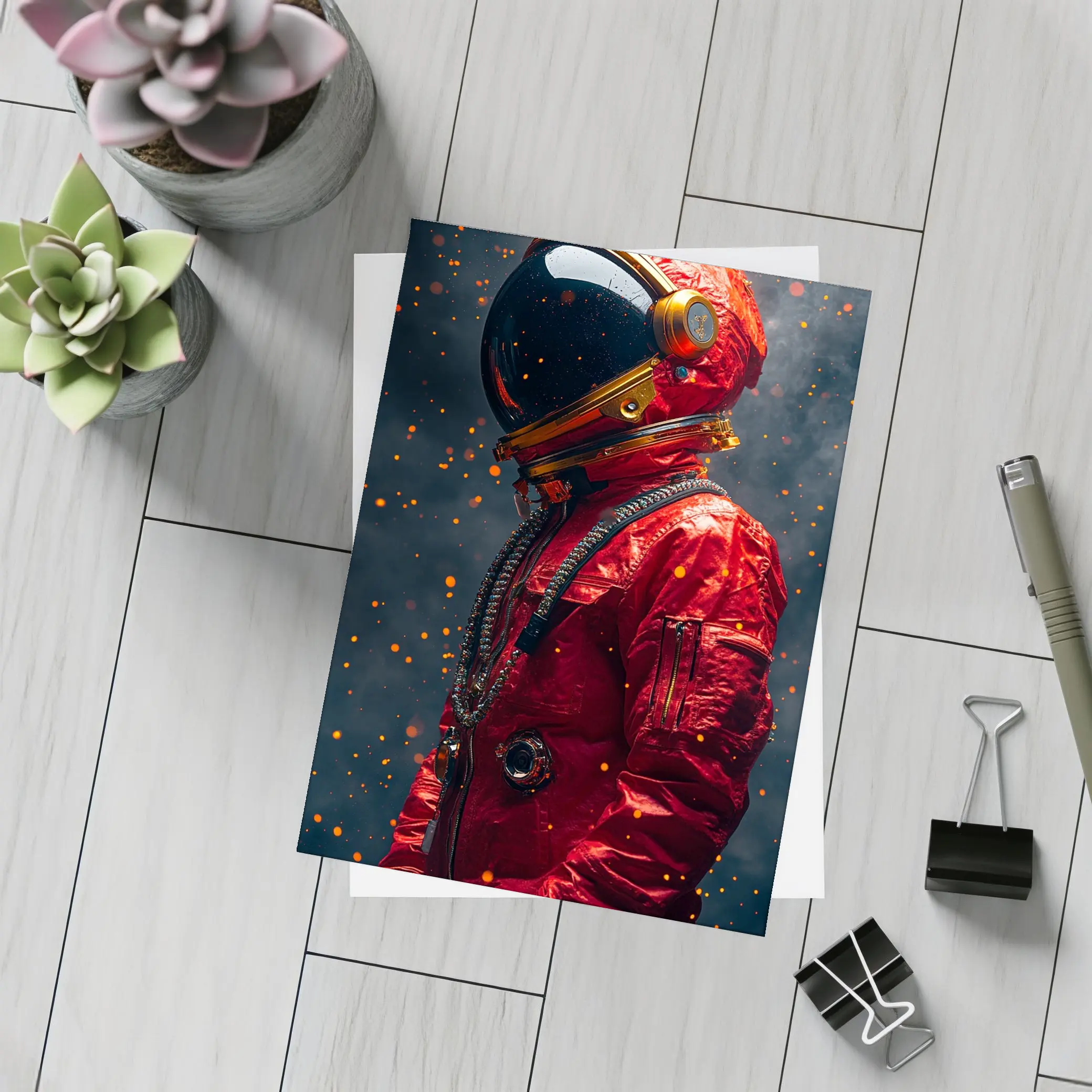 Red Astronaut Suit Dark Space Background – Postcards